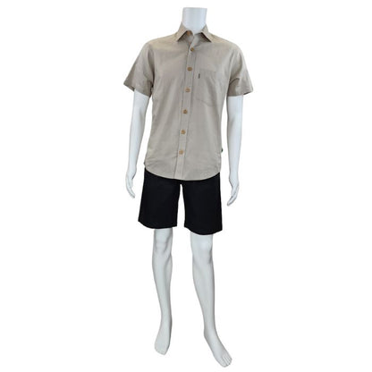 Oatmeal brown Will button-up shirt full body front view on mannequin