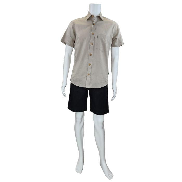 Will button-up shirt oatmeal brown full body front view of mannequin