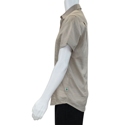 Oatmeal brown Will button up shirt side view of top on mannequin