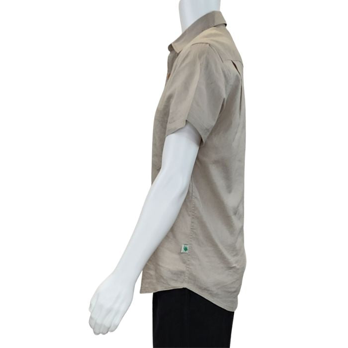 Will button up shirt oatmeal brown side view of top on mannequin