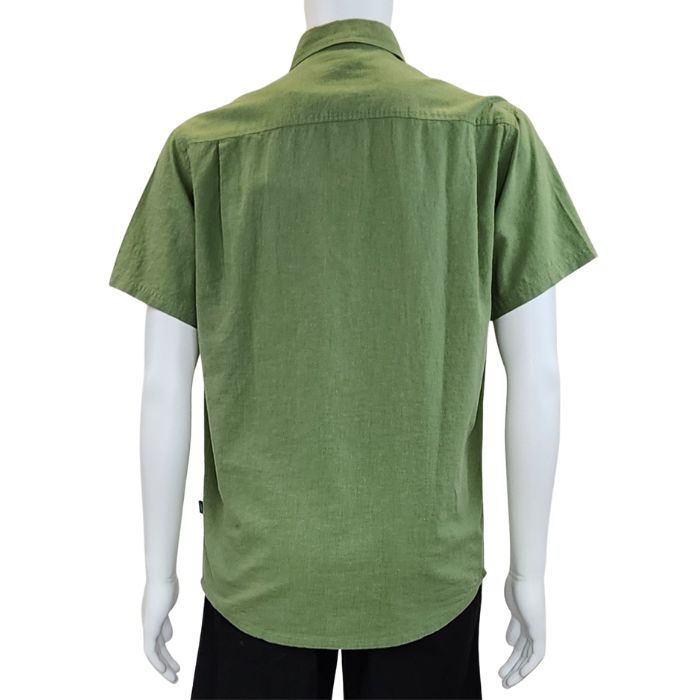 Celery green Will button up shirt back view of top on mannequin