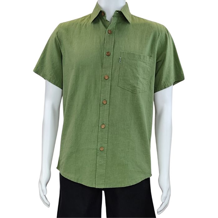 Celery green Will button up shirt front view of top on mannequin