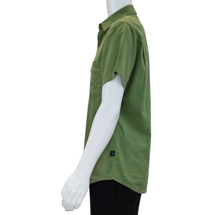 Celery green Will button up shirt side view of top on mannequin